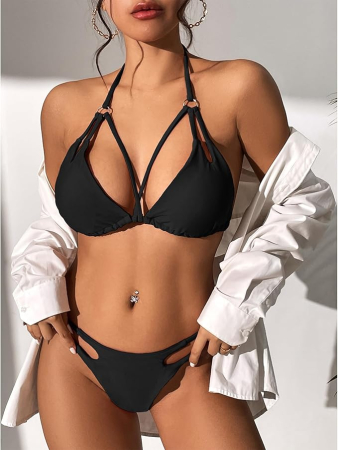 Costum de baie din 2 piese pentru femei, minimalist, negru S [2]