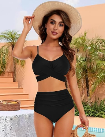 Costum de baie talie inalta din 2 bucati pentru femei, Negru S [2]