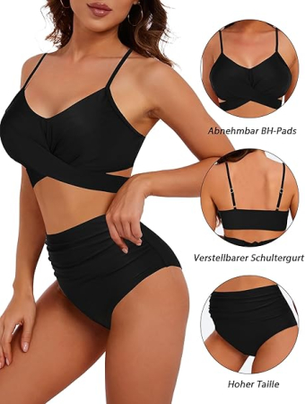 Costum de baie talie inalta din 2 bucati pentru femei, Negru S [5]