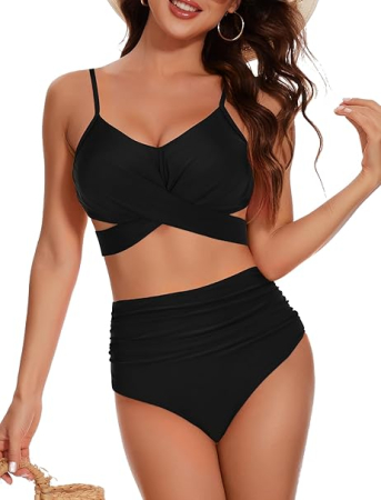 COSTUME BAIE FEMEI - Costum de baie talie inalta din 2 bucati pentru femei, Negru S