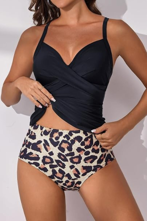 Costum de baie din 2 bucati pentru femei, top negru si slip inalt, S [3]
