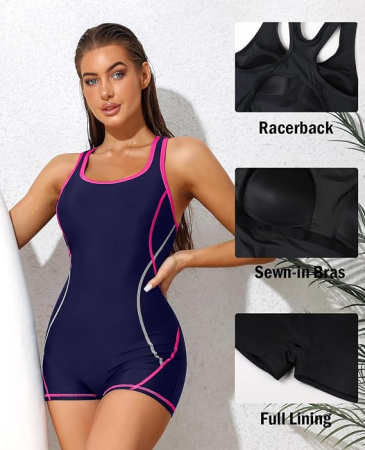 Costum de Baie Damă Întreg Sport, Racerback, Boyshorts, Cupe Căptușite, Uscare Rapidă, S [5]