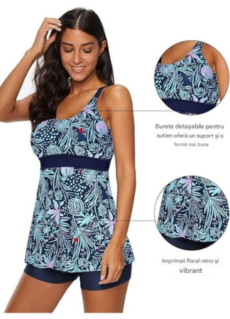 Costum de baie pentru femei, talie înaltă, 2 piese, cu bretele reglabile, albastru, M [2]