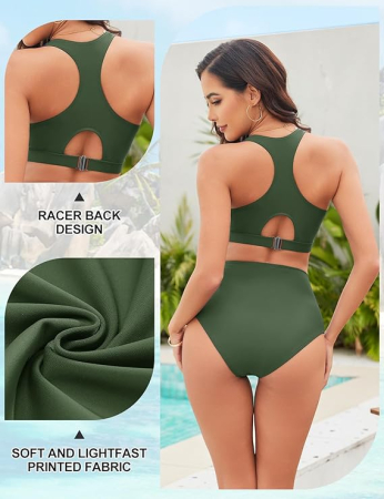 Costum de baie femei din 2 piese, talie inalta, control abdomen, verde L [3]
