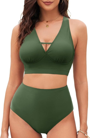 COSTUME BAIE FEMEI - Costum de baie femei din 2 piese, talie inalta, control abdomen, verde L