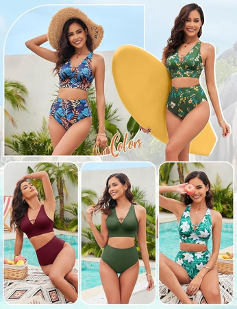 Costum de baie femei din 2 piese, talie inalta, control abdomen, verde M [4]