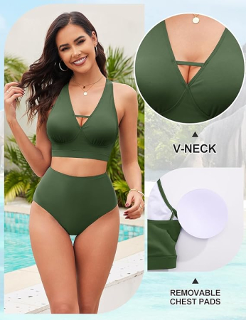 Costum de baie femei din 2 piese, talie inalta, control abdomen, verde L [2]
