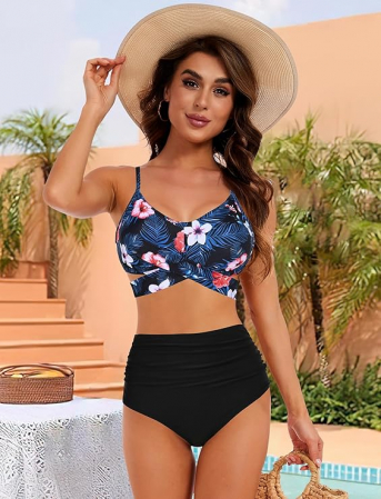 Costum de baie femei din 2 piese slip negru, sutien cu flori S [4]