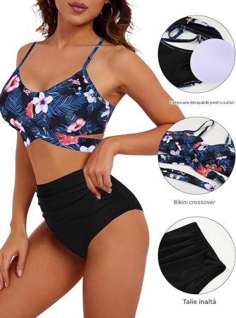 Costum de baie femei din 2 piese slip negru, sutien cu flori S [5]