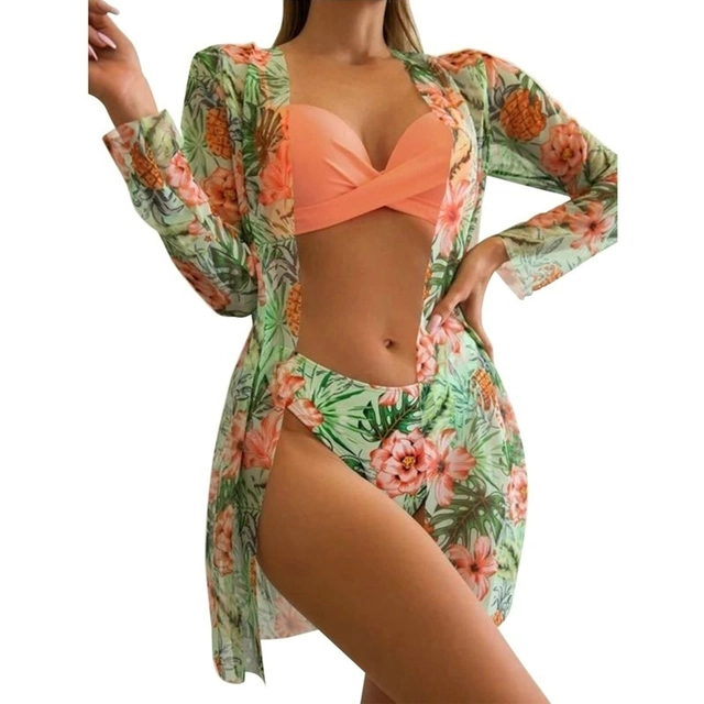 COSTUME BAIE FEMEI - Costum de baie femei din 2 piese verde/roz L cu esarfa subtire verde cu flori