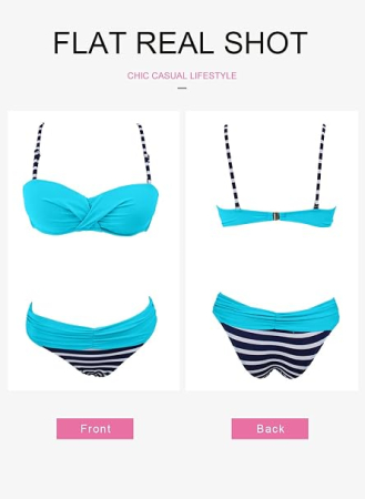 Costum de Baie albastru Damă 2 Piese, Bikini cu Design Petrecut, Bretele Reglabile, 2XL [3]