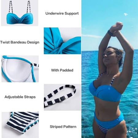Costum de Baie albastru Damă 2 Piese, Bikini cu Design Petrecut, Bretele Reglabile, 2XL [4]