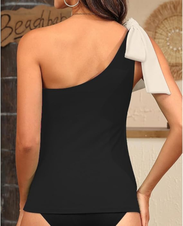 Costum de baie femei din 2 piese, tankini damă cu un umăr gol, bretele detașabile cu fundă , negru M [2]