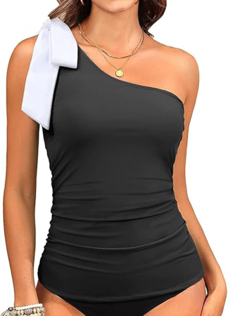 COSTUME BAIE FEMEI - Costum de baie femei din 2 piese, tankini damă cu un umăr gol, bretele detașabile cu fundă , negru S