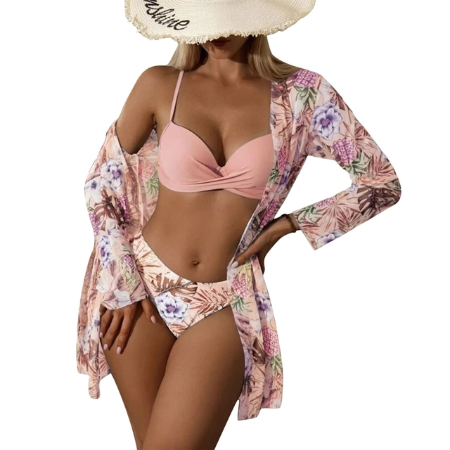 COSTUME BAIE FEMEI - Costum de baie femei din 2 piese roz S cu bluza subtire roz cu flori