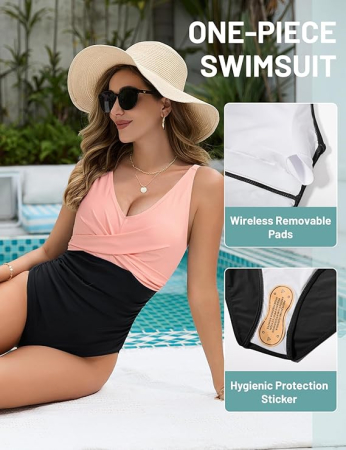 Costum de baie femei dintr-o bucata, cu control al abdomenului,  negru/Roz XL [4]