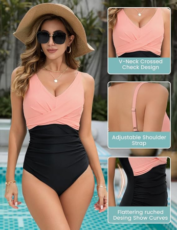 Costum de baie femei dintr-o bucata, cu control al abdomenului,  negru/Roz XL [3]