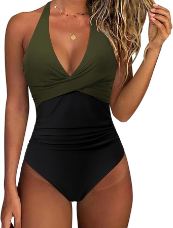 COSTUME BAIE FEMEI - Costum de baie femei dintr-o bucata, cu decolteu în V, Verde/negru XL