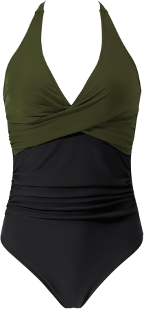 Costum de baie femei dintr-o bucata, cu decolteu în V, Verde/negru XL [3]