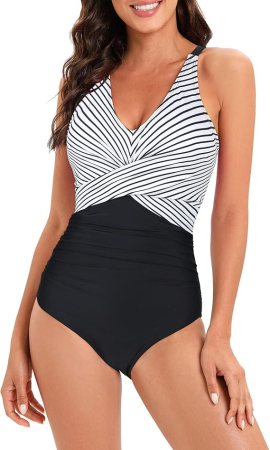 COSTUME BAIE FEMEI - Costum de baie femei dintr-o bucata, cu decolteu în V, Alb/negru L
