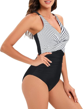 Costum de baie femei dintr-o bucata, cu decolteu în V, Alb/negru L [2]