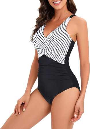 Costum de baie femei dintr-o bucata, cu decolteu în V, Alb/negru L [1]