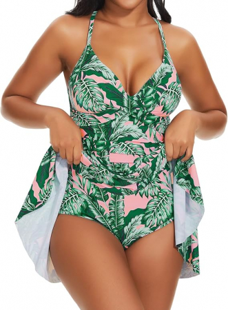 Costum de baie femei dintr-o bucata, cu fusta, frunze verzi S [2]