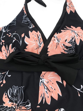 Costum de baie femei dintr-o bucata, cu fusta, negru cu frunze M [5]