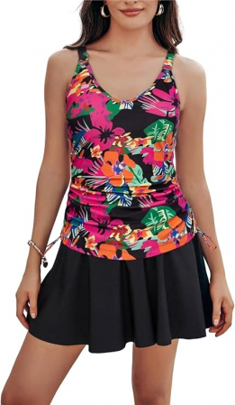 Costum de baie femei dintr-o bucata, cu fusta, negru/multicolor S [1]