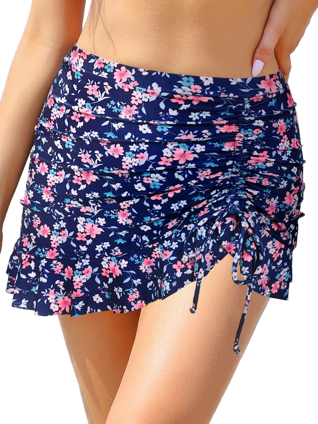 COSTUME BAIE FEMEI - Costum de baie femei dintr-o bucata, fusta cu bikini, albastru cu flori M