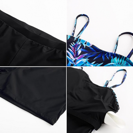 Costum de baie femei dintr-o bucata, cu fusta, negru cu frunze albastre L [3]
