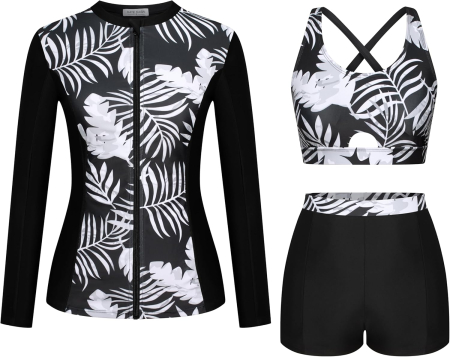 COSTUME BAIE FEMEI - Costum de baie negru din 3 bucati pentru femei, model flori albe L