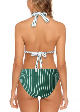 Costum de baie din 2 bucati pentru femei, verde si alb cu dungi, S [2]