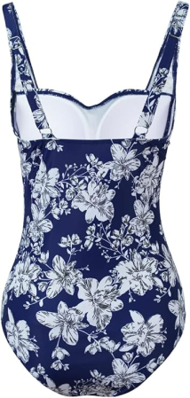 Costum de baie pentru femei, control al abdomenului, albastru cu flori albe,  M [1]
