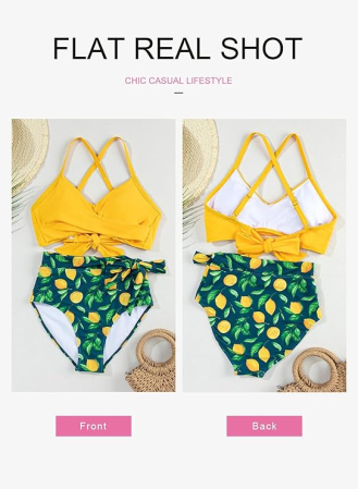 Costum de baie talie inalta din 2 bucati pentru femei, galben/verde XL [3]