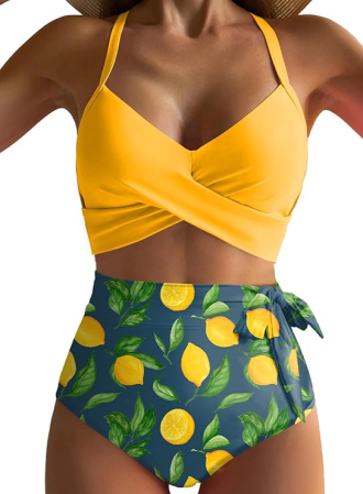 COSTUME BAIE FEMEI - Costum de baie talie inalta din 2 bucati pentru femei, galben/verde XL