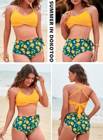 Costum de baie talie inalta din 2 bucati pentru femei, galben/verde XL [2]