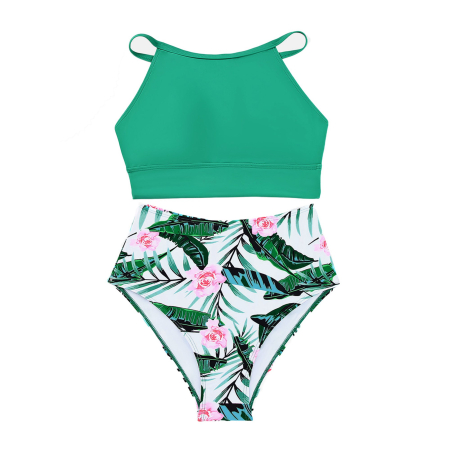 Costum de baie talie inalta din 2 bucati pentru femei, alb/verde M [2]