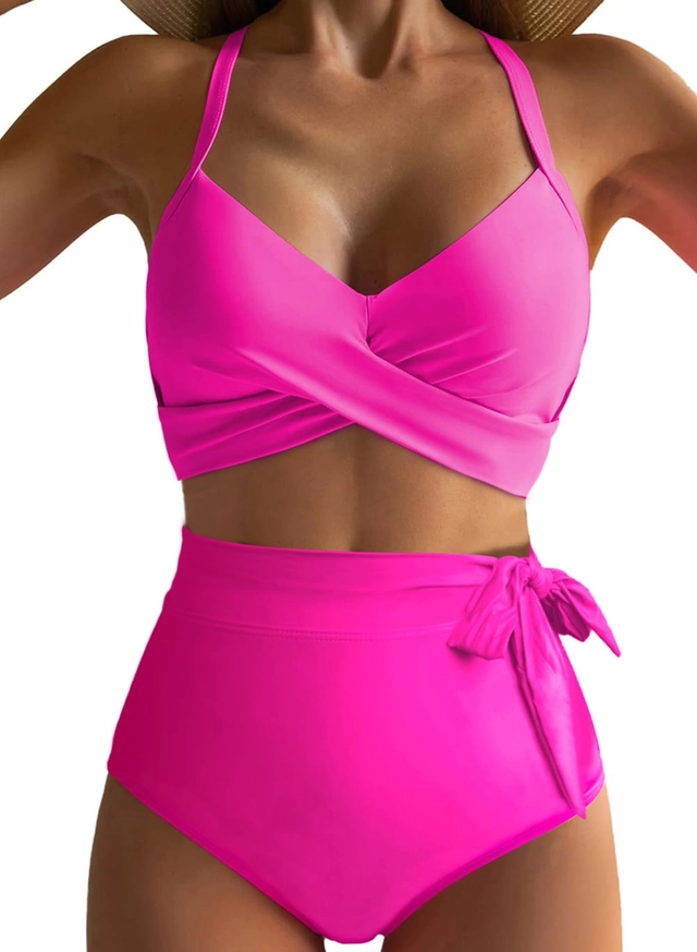 COSTUME BAIE FEMEI - Costum de baie talie inalta din 2 bucati pentru femei, Roz S