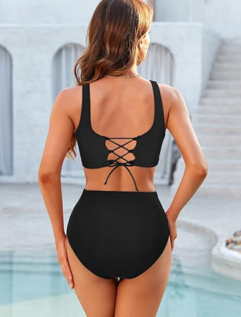 Costum de baie talie inalta din 2 bucati pentru femei, spate zig-zag Negru S [3]
