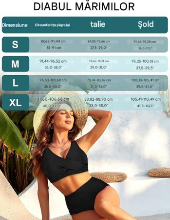 Costum de baie talie inalta din 2 bucati pentru femei, spate zig-zag Negru S [6]