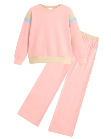Bluze copii - Trening roz Fete 2 Piese Color Block, Bluză cu Mâneci Lungi și Pantaloni, 10 ani