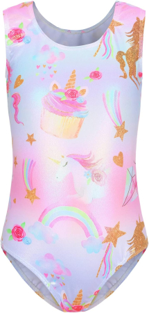 Echipamente sportive copii - Costum de gimnastica dintr-o bucata pentru fete 12 ani, unicorni stea