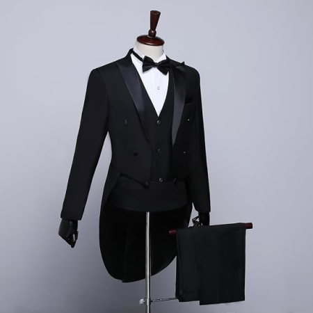 Costum bărbătesc elegant Slim Fit, sacou cu rever crestat, pantaloni, papion, 3 piese, pentru evenimente XS [4]