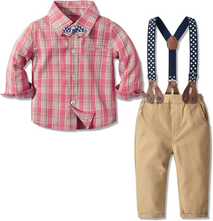 Compleuri copii - Costum roz/kaki lejer pentru baieti, ideal evenimente, 2 piese, 1-2 ani, 90 cm