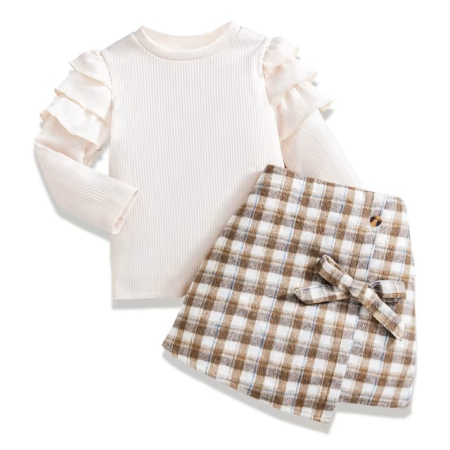 COSTUME 2 PIESE - Costum fusta in carouri si bluza crem pentru fete 5-6 ani