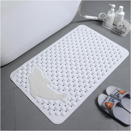 Covorase baie - Covoraș alb de duș anti-alunecare cu orificii de scurgere si ventuze 75x44 cm
