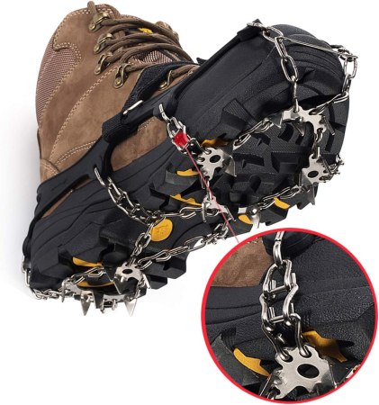 INCALTAMINTE - Crampoane metalice antiderapante pentru bocanci de alpinism, 19 buc pe suport elastic negru M