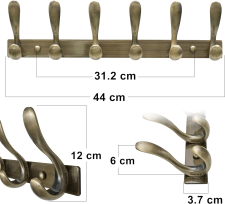 Cuier cu 6 carlige pe suport din otel inoxidabil bronz antic 44x12x6 cm [4]