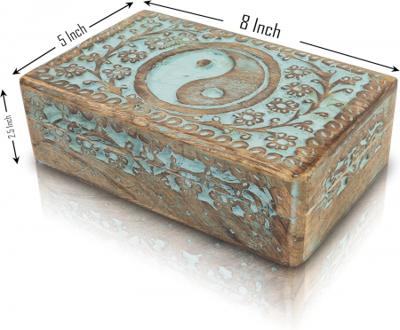 Cutie ornamentala sculptata in lemn maro,  20 x 12 x 6 cm urme albastra Yng si Yang [2]